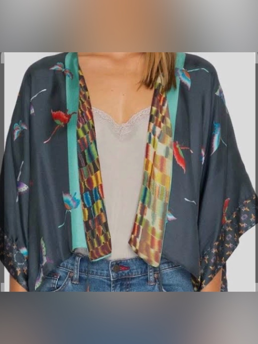 Johnny Was Women's Blouson Silk Blouse Komono Shawl Cardi Butterfly Boho XL
